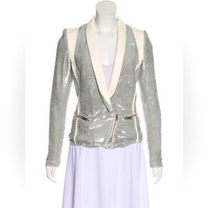 IRO Silver Sequin Embellished Blazer w/ White Leather Trim, Size: S | US4, FR36